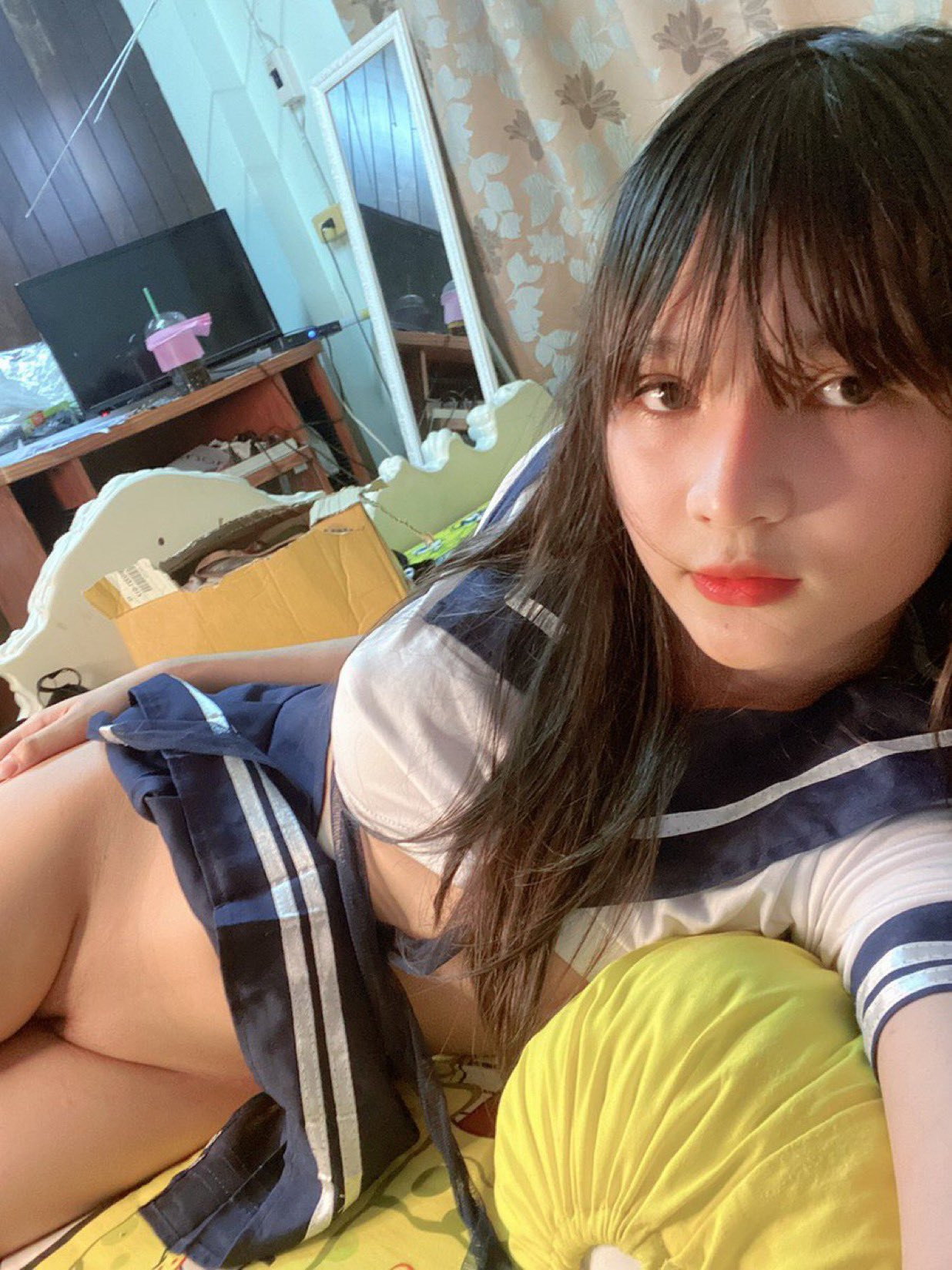 1girl, female only, looking at viewer, long hair, shaved pussy, shaved, light-skinned female, front view, straight hair, selfie, black hair, fringe, bangs, light skin, amateur, legs together, asian, on side, petite, innie pussy, school uniform, skirt lift