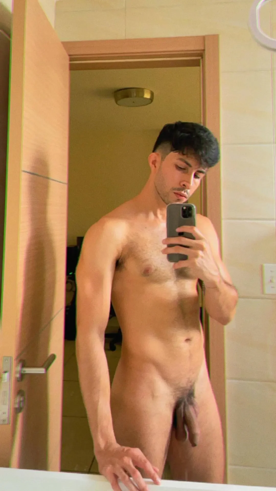 indoors, standing, selfie, naked, nude, white male, penis, 1boy, male, male only, bathroom, mirror, hairy, uncut, phone, hairy penis, beard, holding phone, moustache